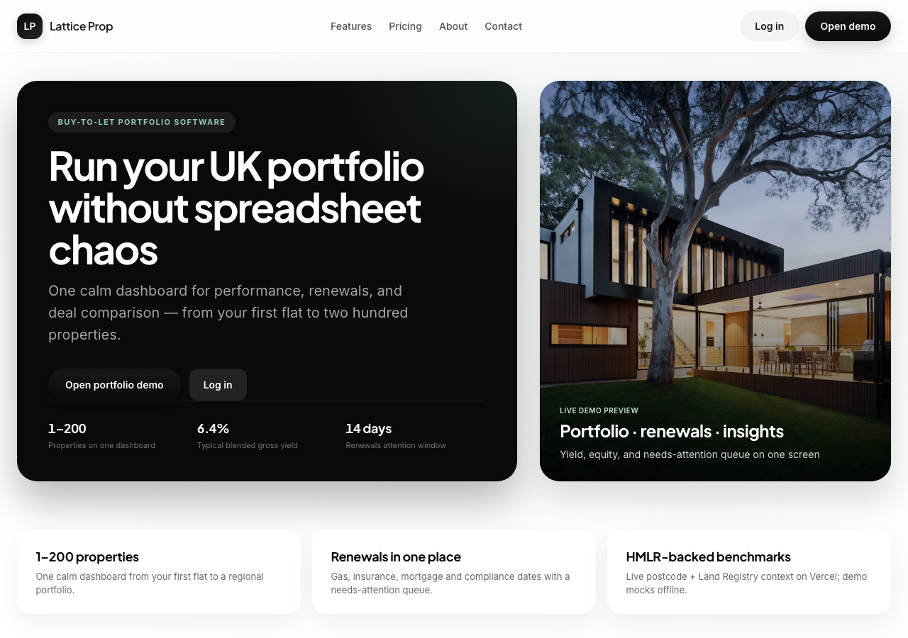 Lattice Prop marketing homepage with portfolio demo call to action